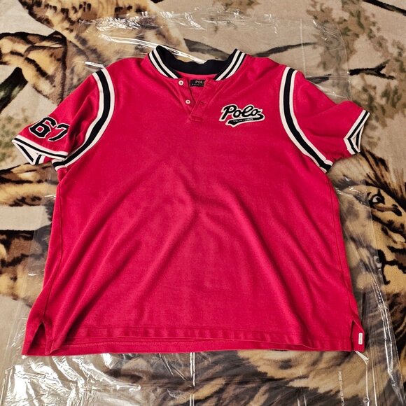 Ralph Lauren Polo Shirt Men's Large Red Script Spell Out Logo Preppy Rugby READ - Picture 1 of 9
